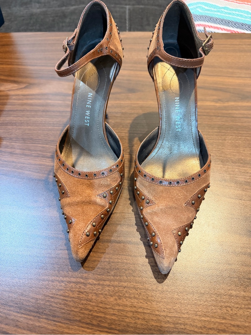 Nine West Selutao Ebano/Luggag Leather Pointed-Toe Heels with Ankle Strap
